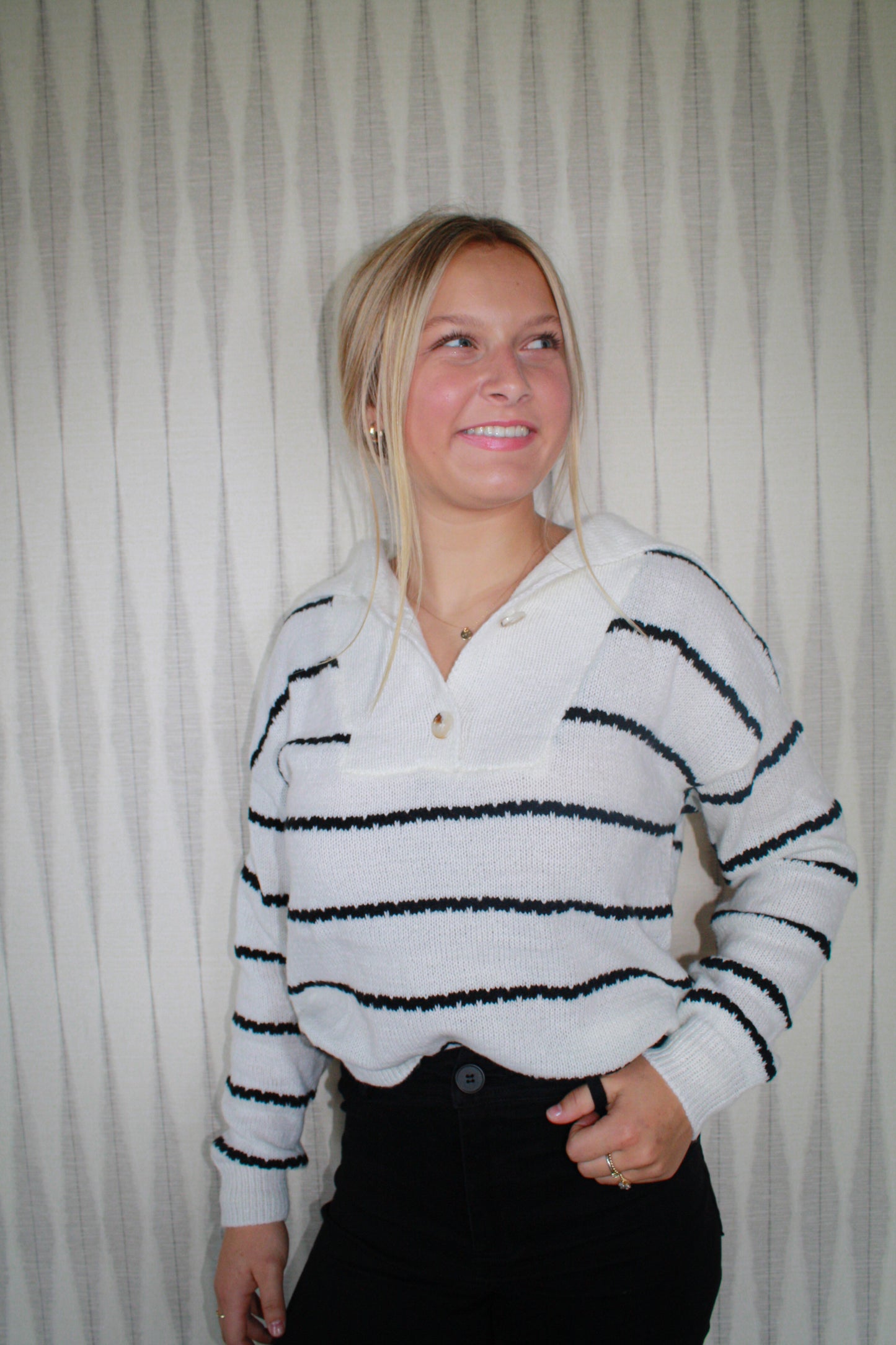 Striped shawl collar sweater top