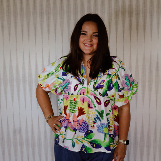 Bright Floral Puff Sleeve Top