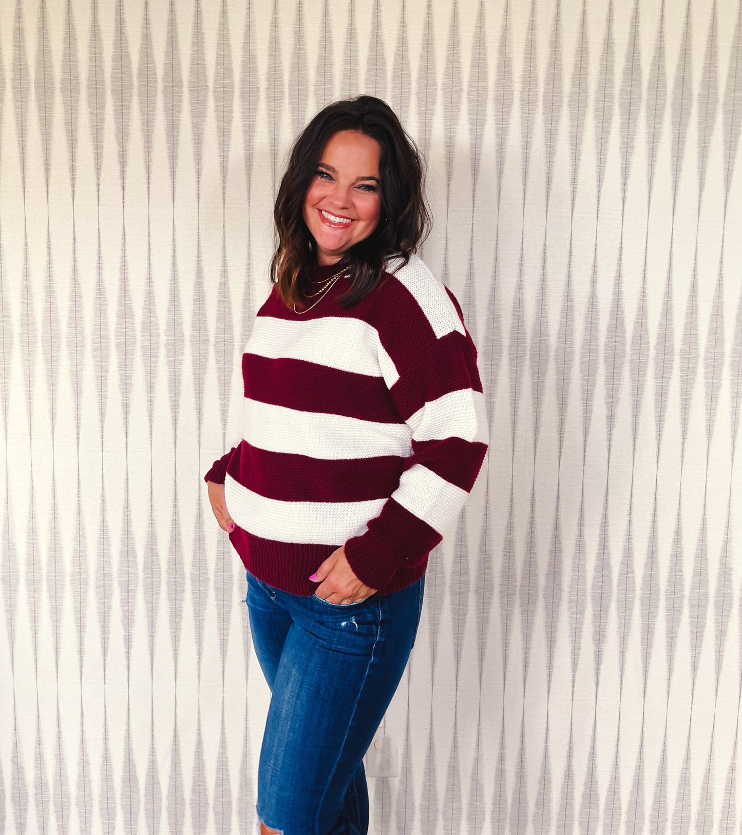 Maroon and White Striped Sweater