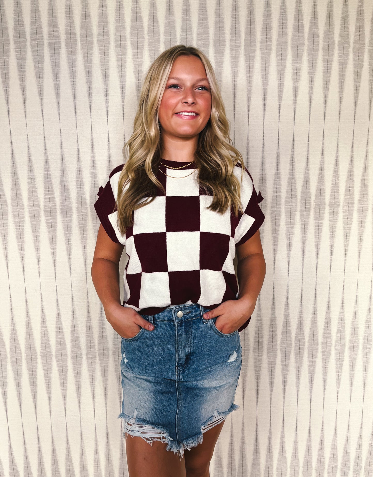 Maroon and White Check It Out Sweater