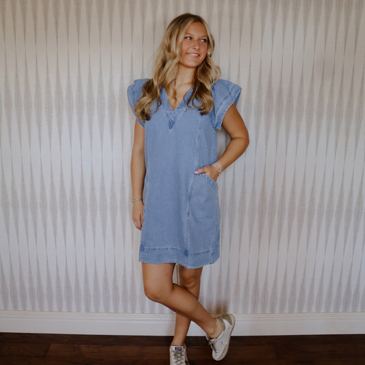 Denim Ruffle Sleeve Dress