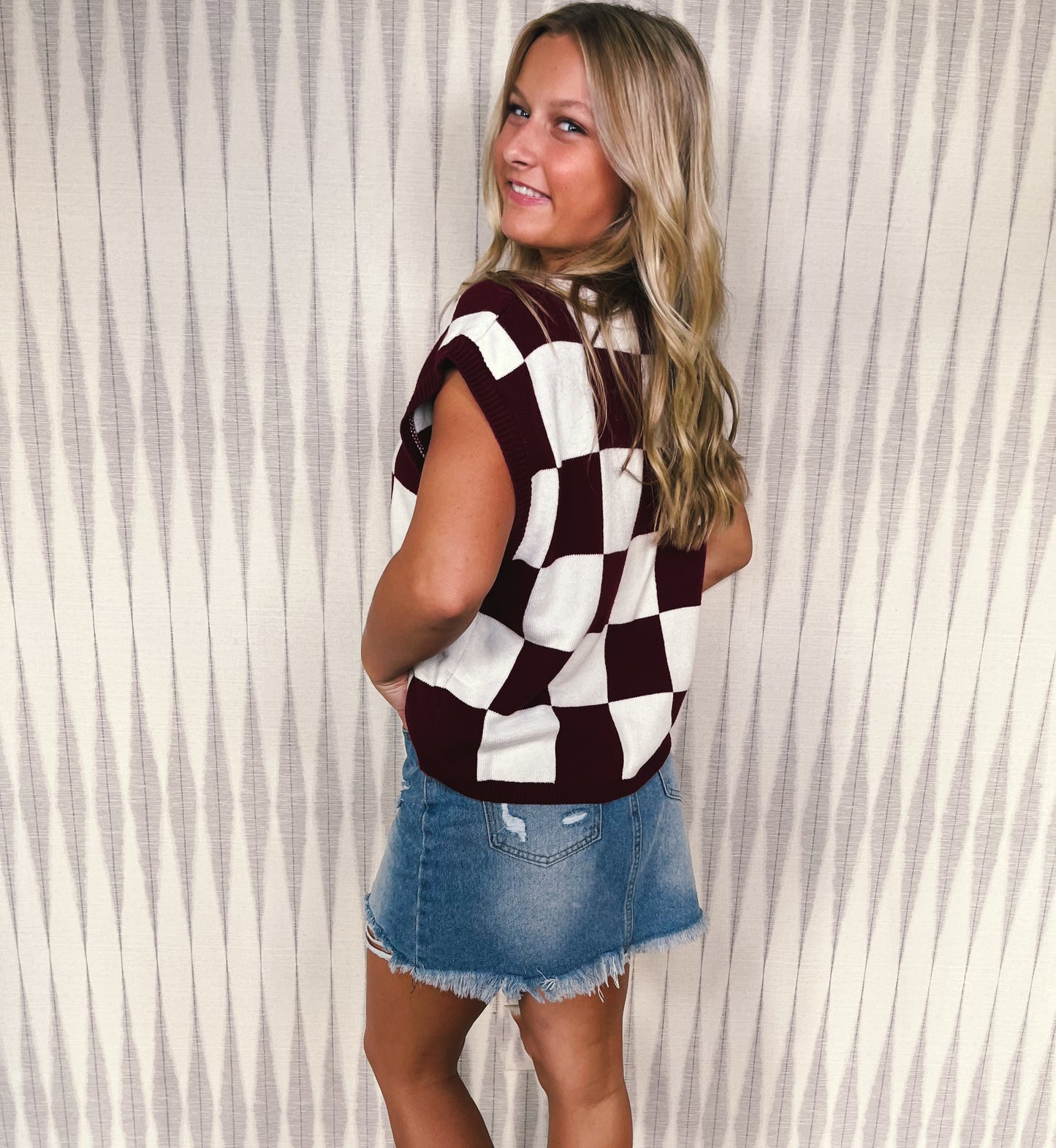 Maroon and White Check It Out Sweater