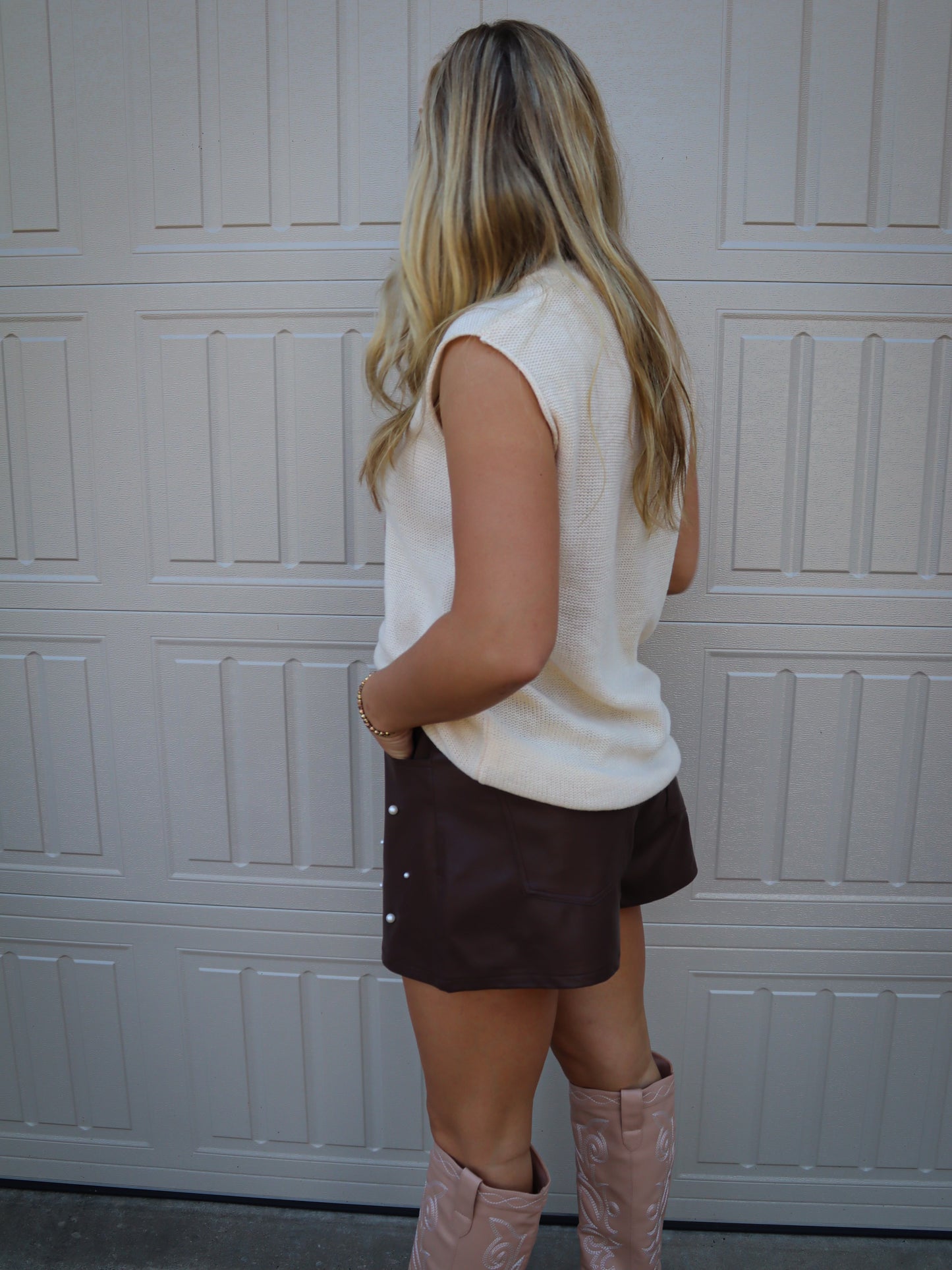 Brown Faux Leather & Pearl Short