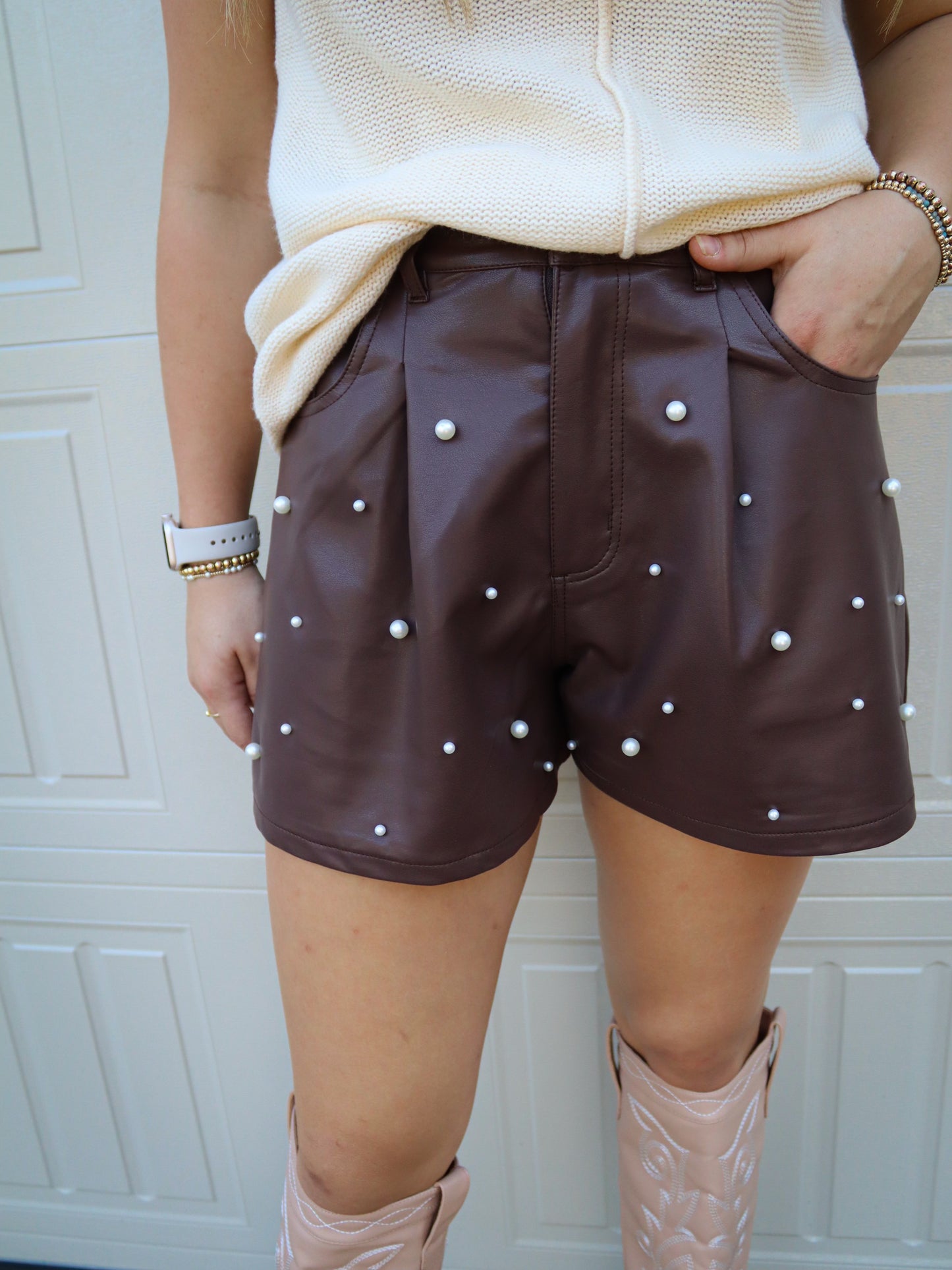 Brown Faux Leather & Pearl Short