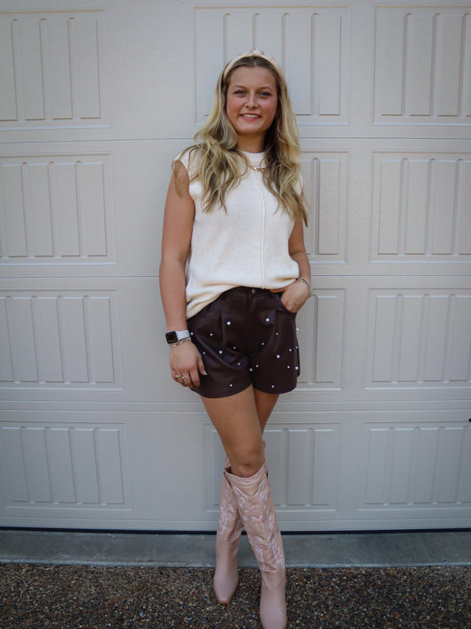 Brown Faux Leather & Pearl Short