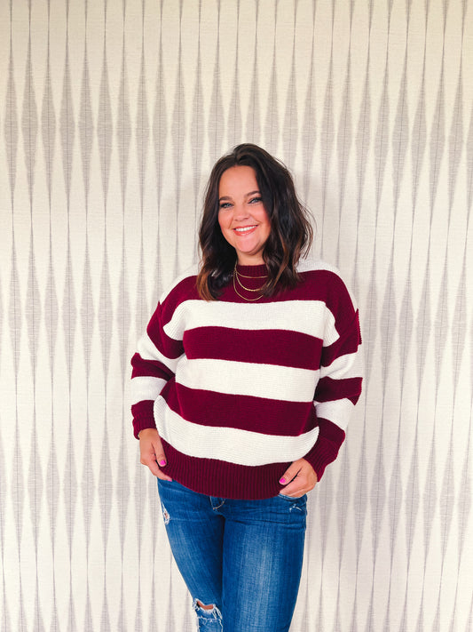 Maroon and White Striped Sweater